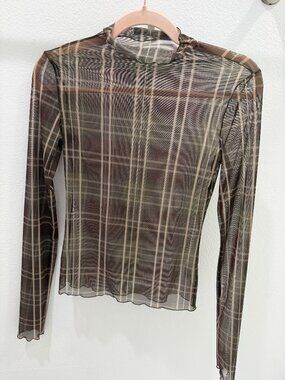 Favorite Daughter Plaid Mesh Mock Neck Long Sleeve Top Size XS